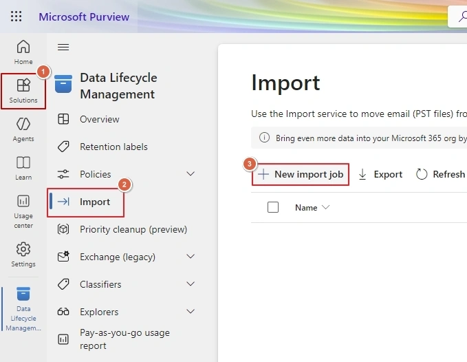 click import then new import job