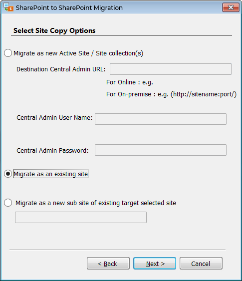 Select Site Copy Options