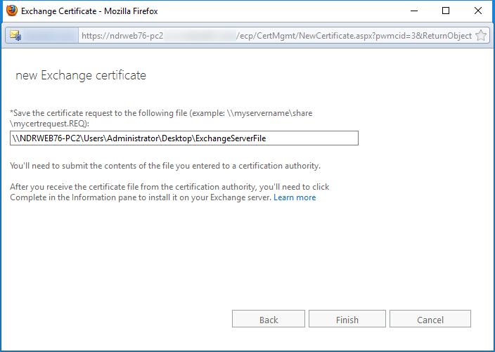 Save the certificate request to the following file