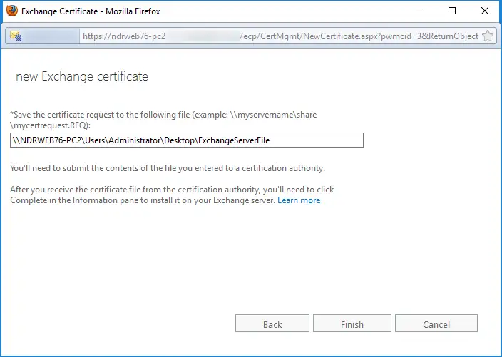 Save the certificate request to the following file