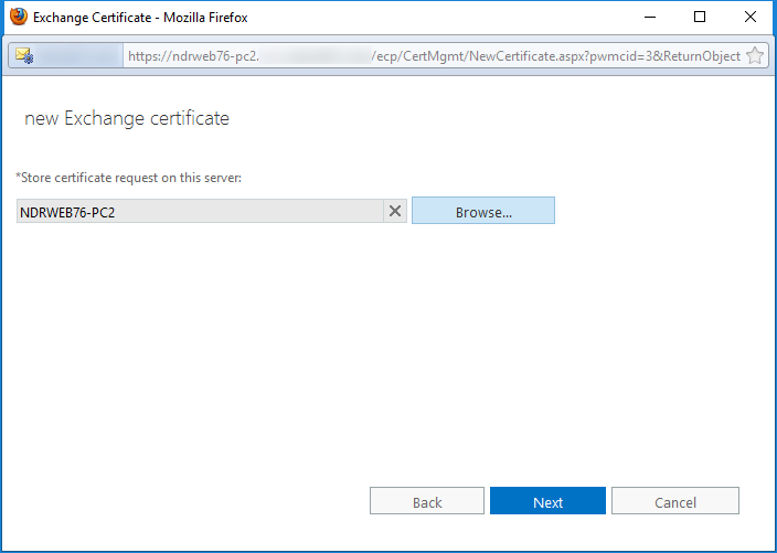 Select the Exchange server for SSL certificate