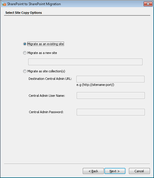 Select Site Copy Options