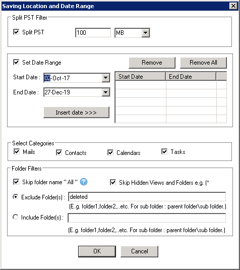 Apply filters like Split PST, Date Range, Categories, Folder Filters, etc.