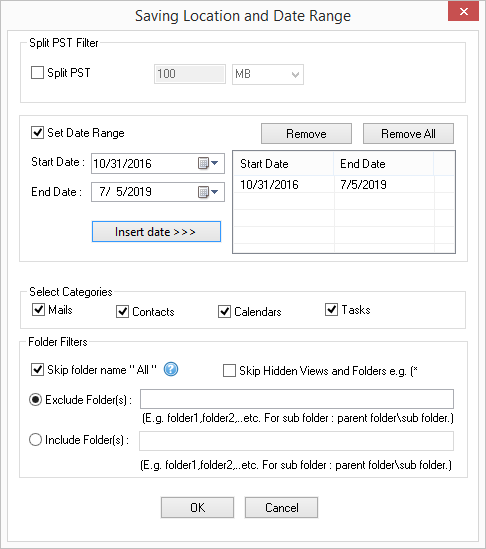 Apply filters like Split PST, Date Range, Categories, Folder Filters, etc.