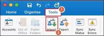 Open outlook mac then click on tools and then click import