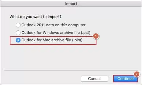 Choose .olm option and click continue