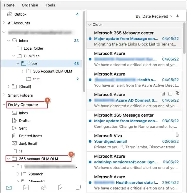 View OLM file under On My Computer at left side of outlook mac