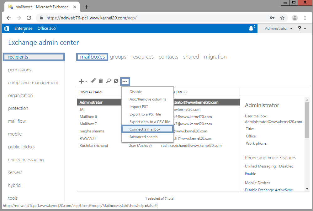 Exchange Admin Center & Connect a mailbox