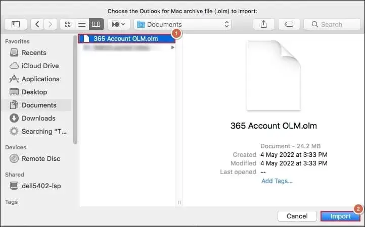 Locate the olm file then select the file and click import
