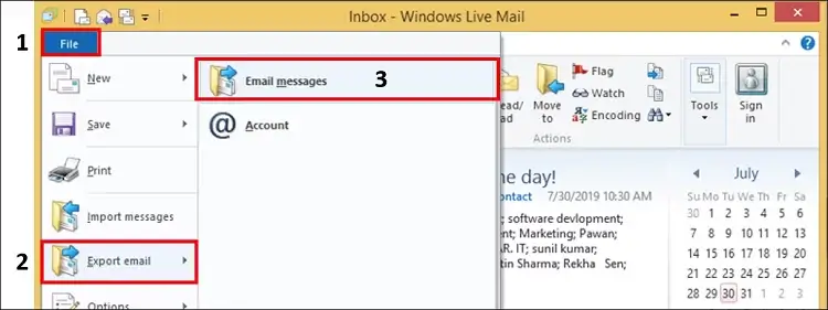 Open WLM click file tab and select export mail then email messages