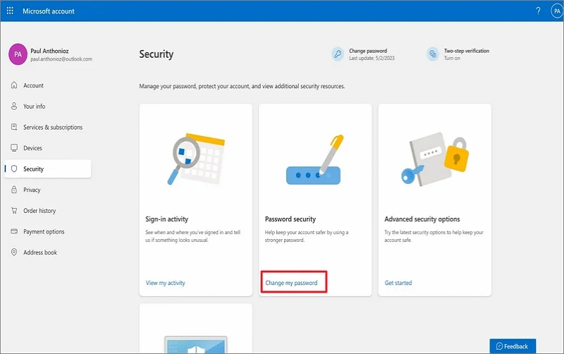 Enter your current password and a new one and choose Save