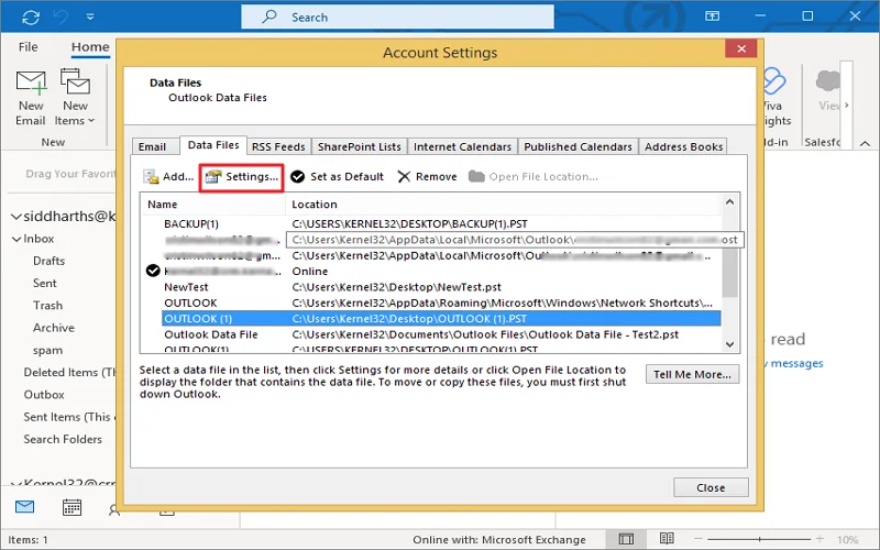 select the PST file and click on the Settings option