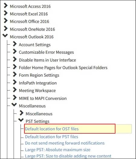 then miscellaneous and double-click on Default location for OST files