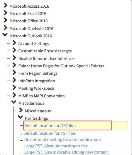 then miscellaneous and double-click on Default location for OST files