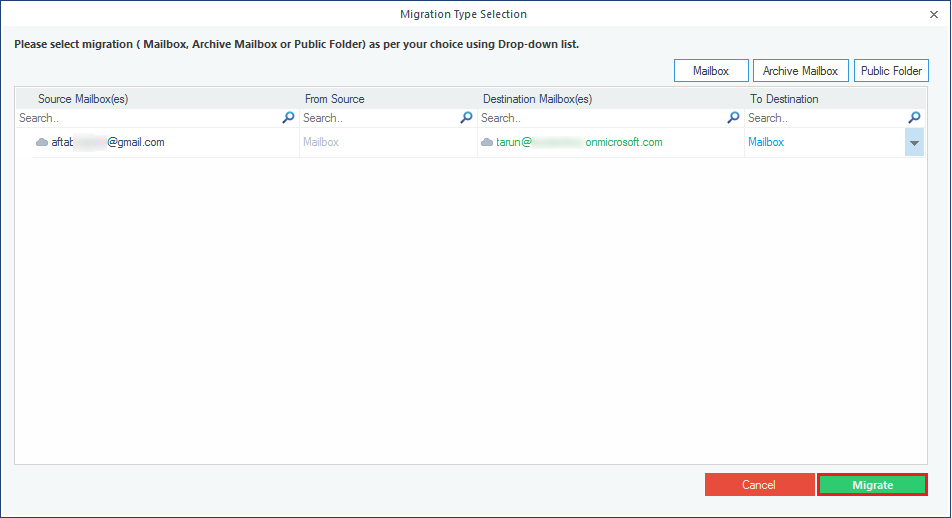 Select mails to migrate