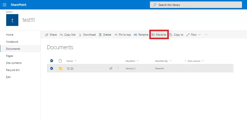 Select any folder or item and click