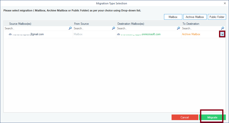 Select mailbox folder where you want to migrate