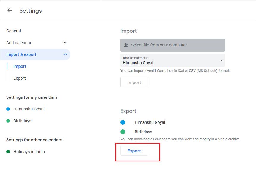 In Import and Export click Export