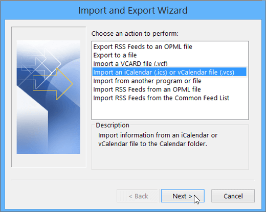 select Import an iCalendar or vCalendar file