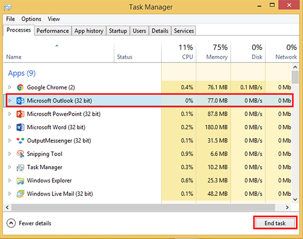 run the ‘Task Manager’ and select Outlook