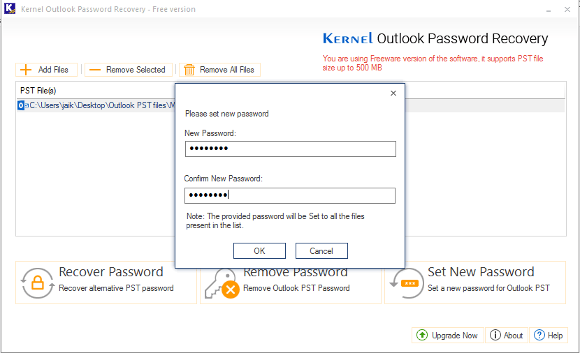 reset the password of the PST file