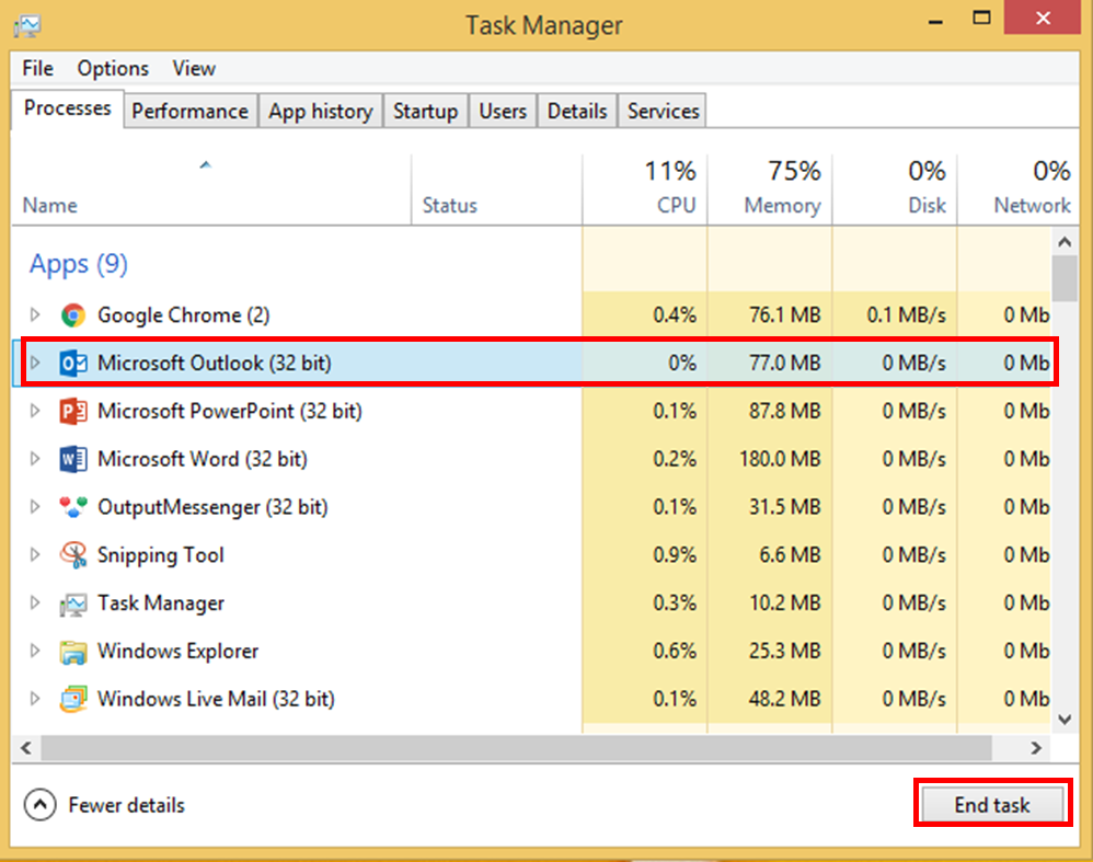 chạy 'Trình quản lý Tác vụ' và chọn Outlook