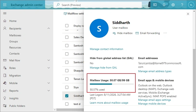 review the mailbox usage and quota information