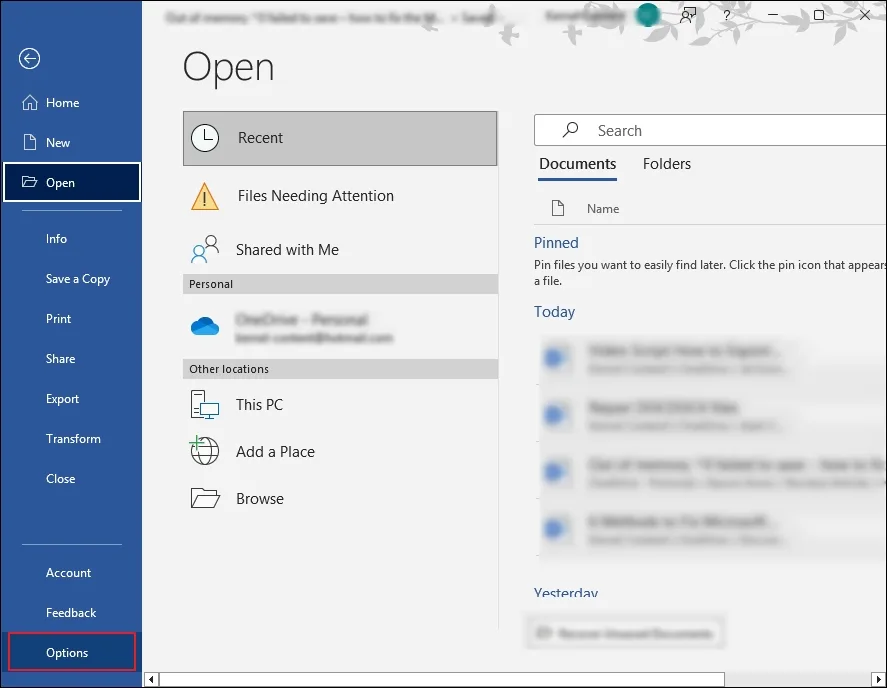 Go to file and then options