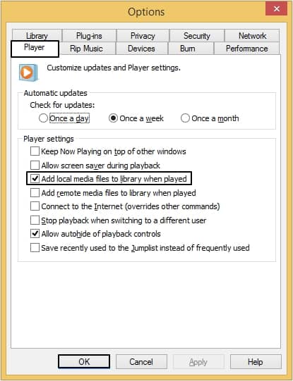 Select Add local media files to library when played option