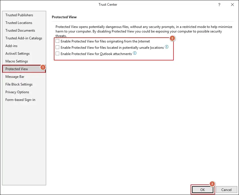 Disable all the protected view settings