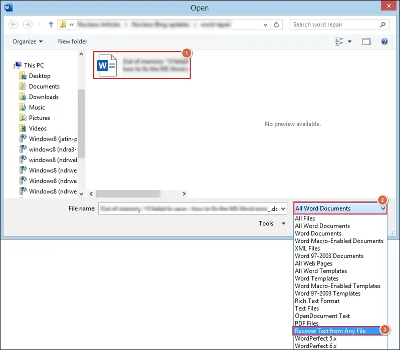 Change the file type to Recover Text from Any File