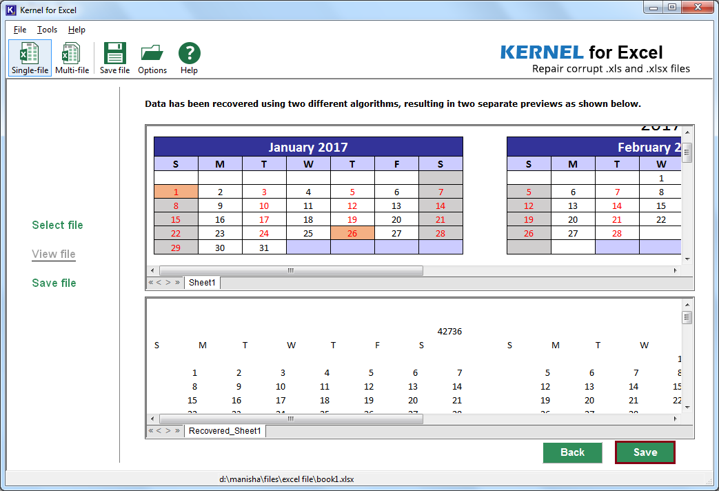 Preview the contents of the recovered excel file 
