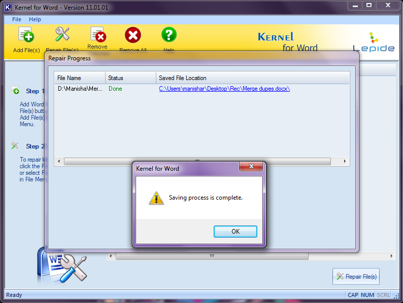 The recovered files get saved to the specified location