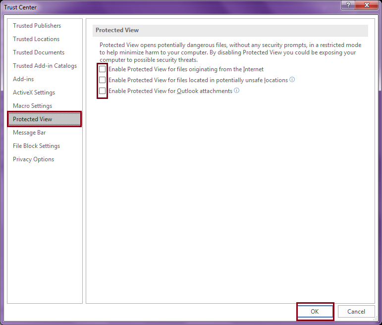 Select the Protected View Settings