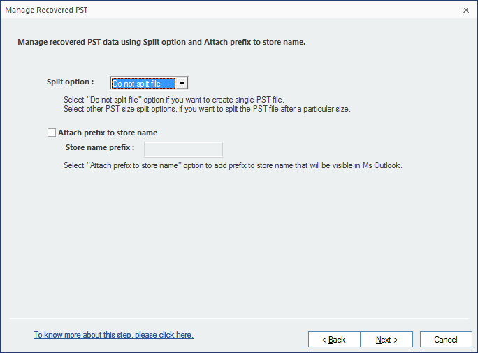 Split PST file using split option