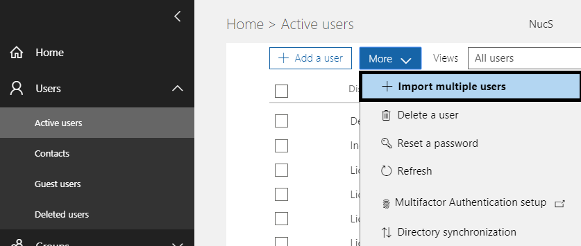 Admin console of Office 365