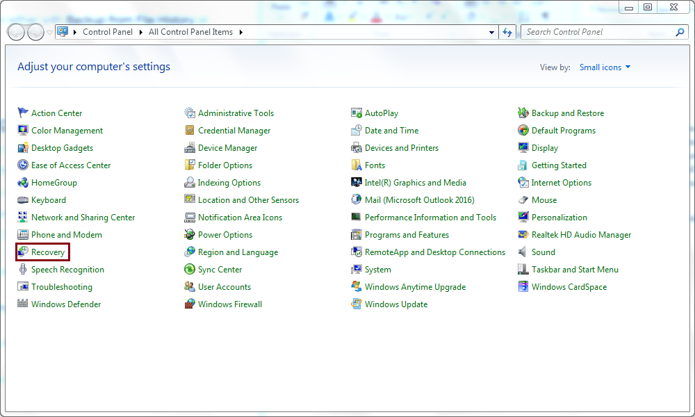 Open Control Panel and click Recovery