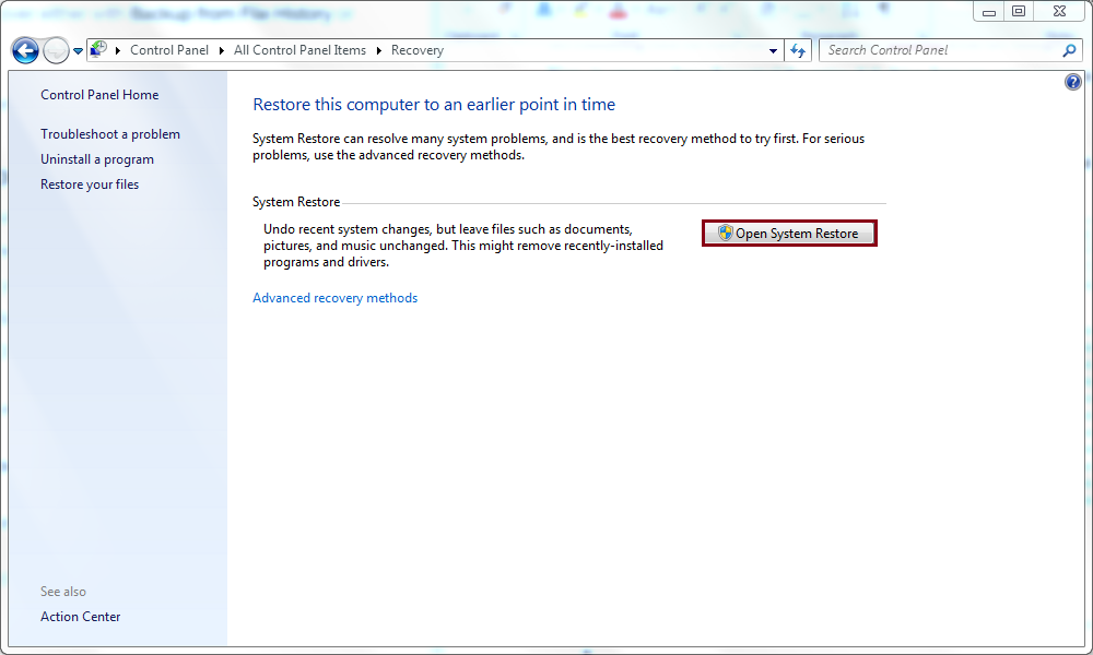 Click Open System Restore