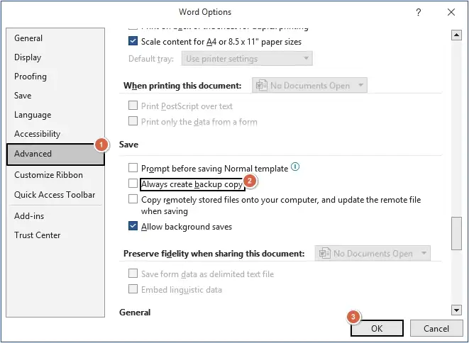 Scroll down to the Save section and disable the Always create backup copy option.