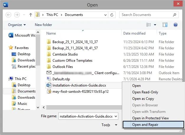 click on the drop down menu next to Open and click Open and Repair.