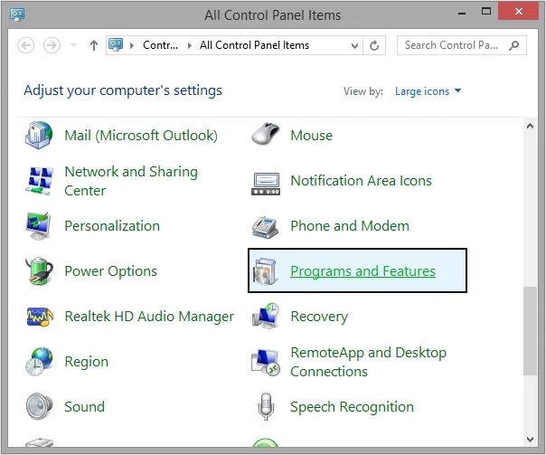 Open the Control Panel and click on Programs and Features
