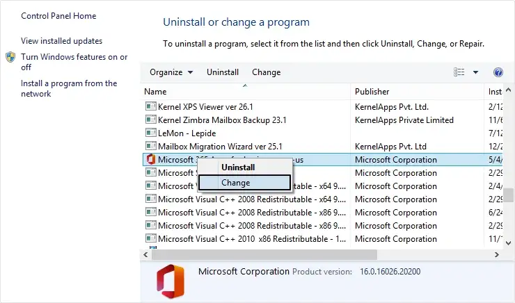 Find Microsoft Office or Microsoft 365 in the list and right click on it then select Change