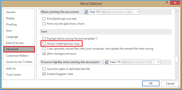 Enable/ Disable the backup copy option