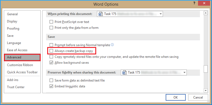 Enable/ Disable the backup copy 