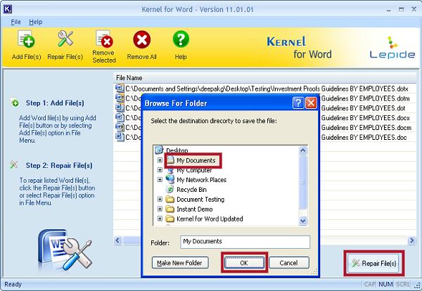 location for saving the repaired file