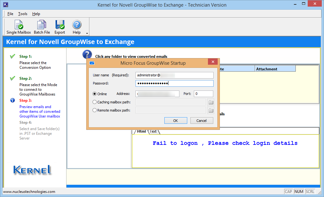 Enter the username and password of Novell GroupWise