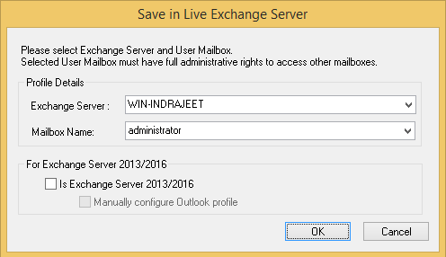 Select the destination Exchange Server and User Mailbox