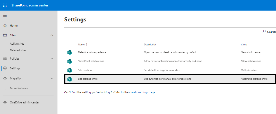 Site storage limits