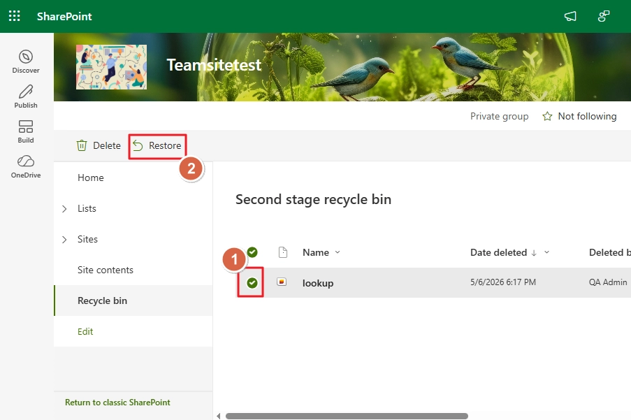 Global Admin can recover deleted file in SharePoint from the Second-stage recycle Bin