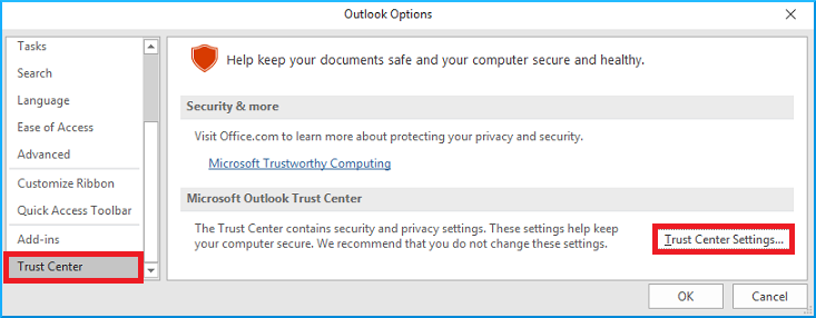 Trust Center Settings